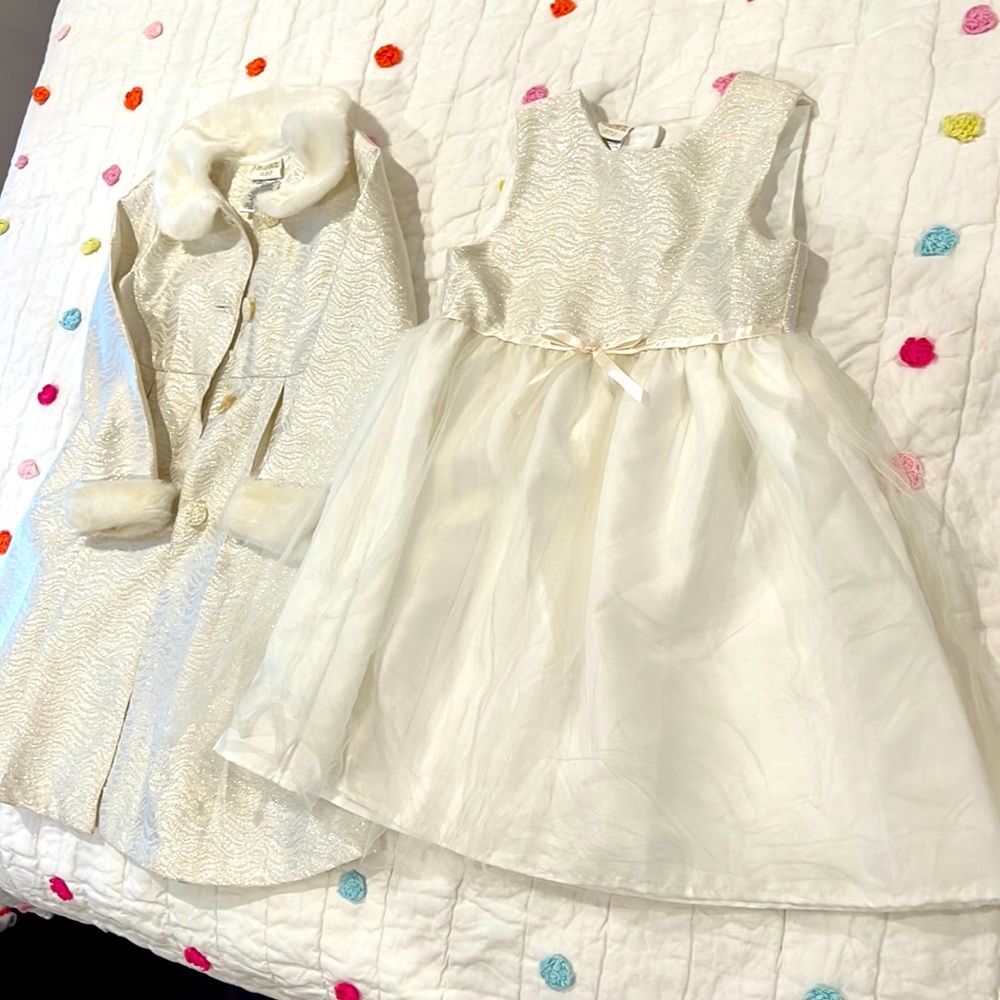 White and pale gold taffeta faux fur holiday set girls size 6